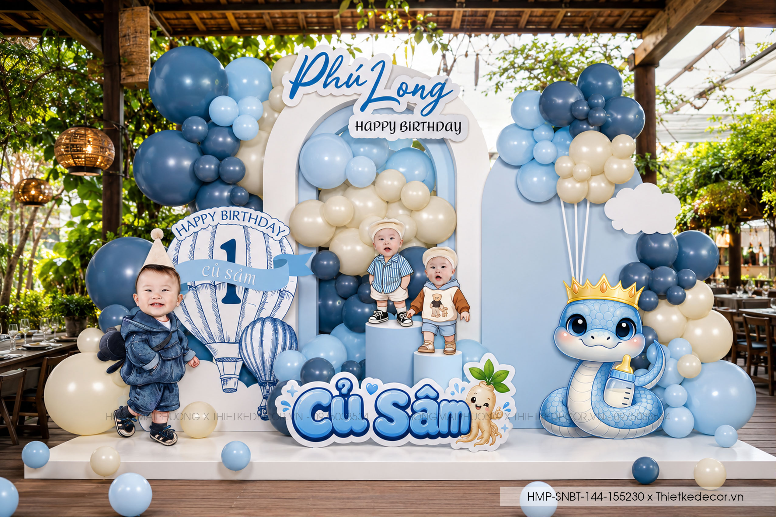 File thiết kế decor trang trí tiệc sinh nhật bé trai tuổi Rắn - Tỵ mix bong bóng cute dễ thương đáng yêu tone xanh dương